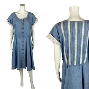 Vintage 80s Retro Dress Women's Large 50s Style Blue Denim Polka Dots Fit And Fl